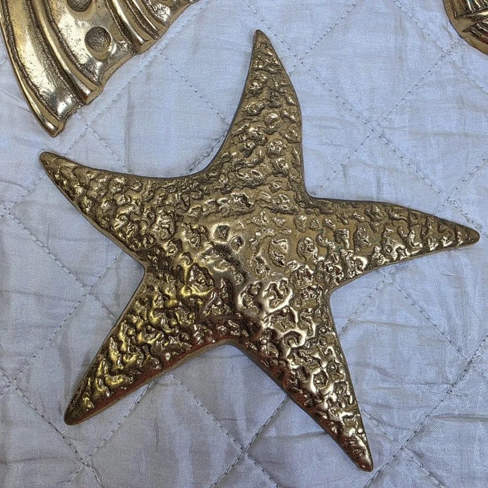 Vintage MCM Solid Brass Sea Shells Starfish Wall Hanging Decor Set of 4 Art Deco